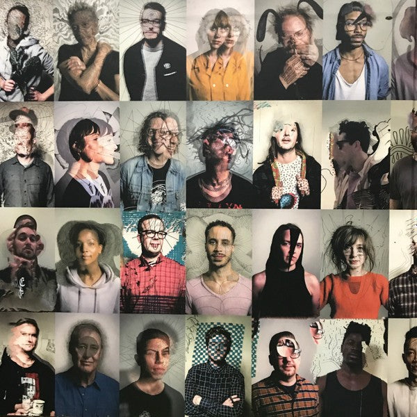 Collage of diverse people with artistic distortions, ideal for vinyl record cover art.