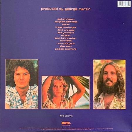 Back cover of a vinyl record with tracklist and three men in tropical shirts, vintage style.
