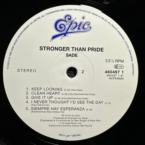 Sade Stronger Than Pride vinyl record label, Epic logo, tracklist, side 2, vintage music album