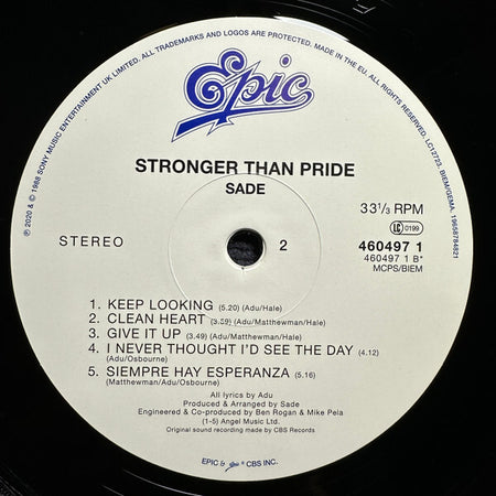 Sade Stronger Than Pride vinyl record label, Epic logo, tracklist, side 2, vintage music album