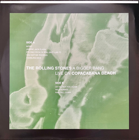 The Rolling Stones A Bigger Bang Live on Copacabana Beach vinyl record cover with tracklist.