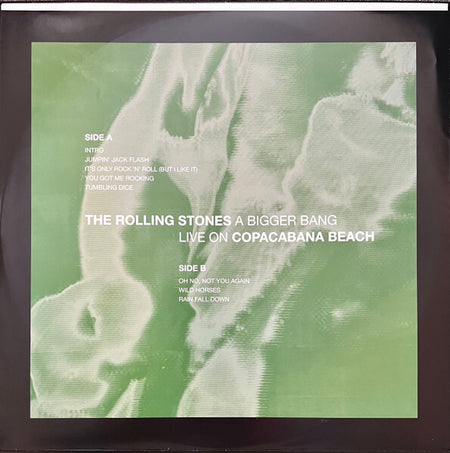 The Rolling Stones A Bigger Bang Live on Copacabana Beach vinyl record cover with tracklist.