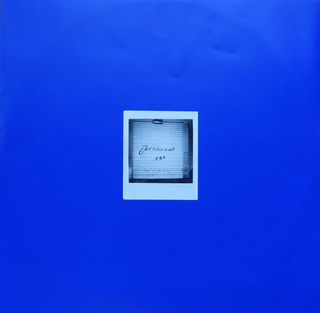 Blue vinyl album cover with a centered black and white polaroid photograph.