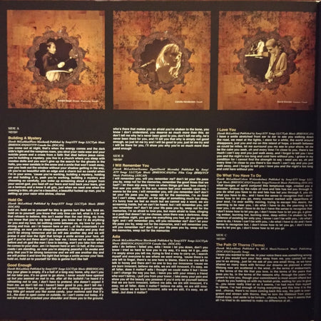 Vinyl record album sleeve with song lyrics and sepia-toned artist photos on a textured background