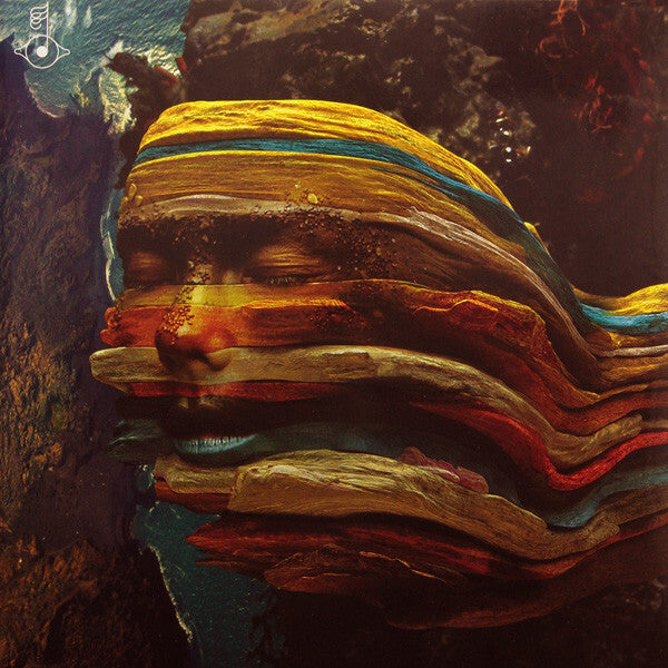 Surreal vinyl record cover art showing a human face blended with colorful layered textures