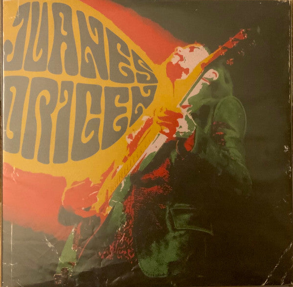 Psychedelic album cover with guitarist playing electric guitar and bold yellow text background