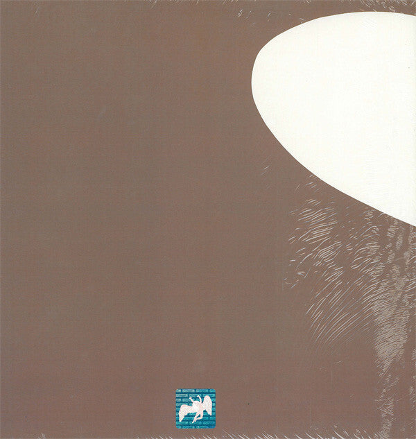 Minimalist vinyl record cover with abstract white shape on brown background, small blue Pegasus logo