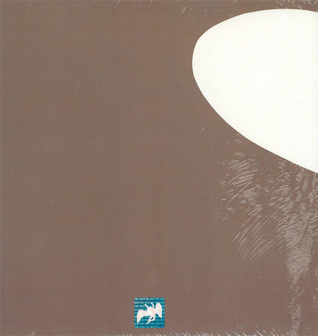 Minimalist vinyl record cover with abstract white shape on brown background, small blue Pegasus logo