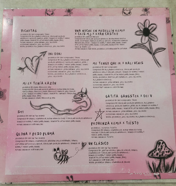 Pink vinyl record insert featuring song credits, heart, snake, flower, bee and mushroom drawings