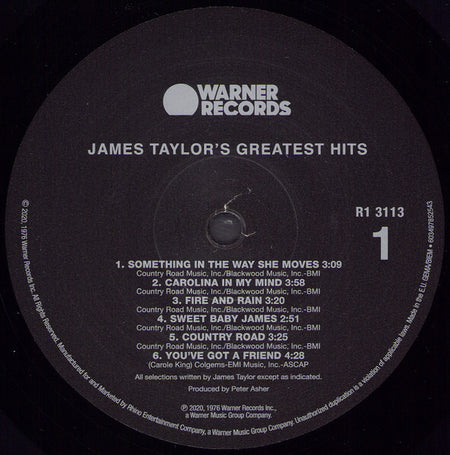 James Taylor's Greatest Hits vinyl record label featuring tracklist and Warner Records logo