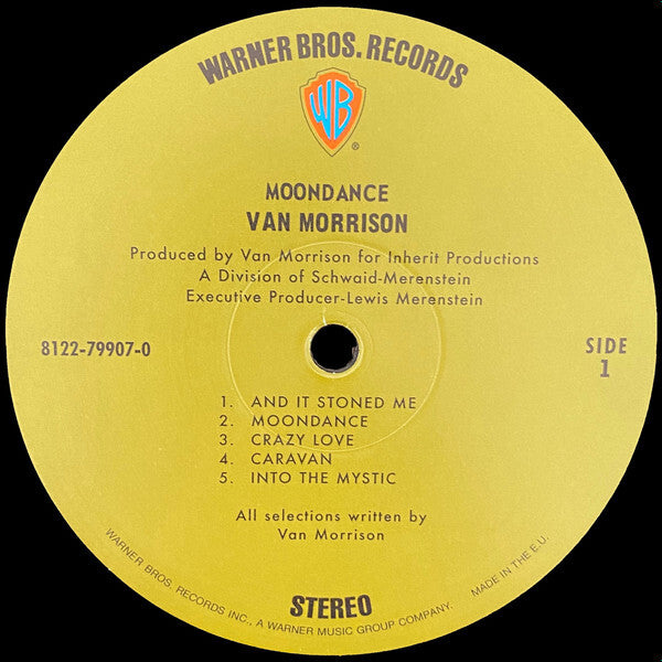 Moondance Van Morrison vinyl record label, yellow with tracklist and Warner Bros. Records logo.