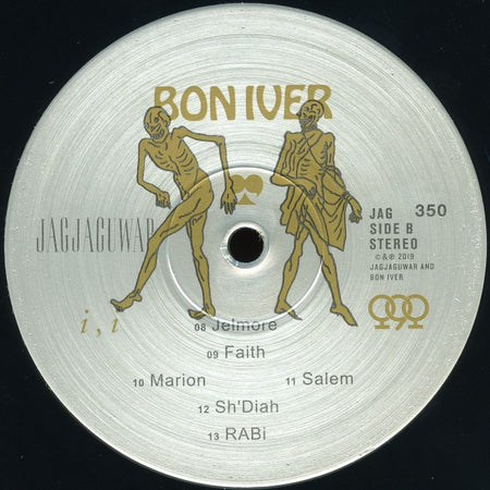 Bon Iver i,i vinyl record Side B label with skeletal figures and tracklist on silver background
