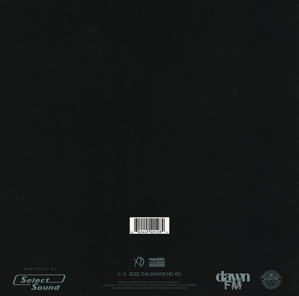 Back cover of a black vinyl record sleeve with barcode and label logos at the bottom