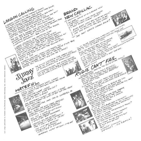 Vinyl record inner sleeve featuring handwritten song lyrics and black-and-white band photos.