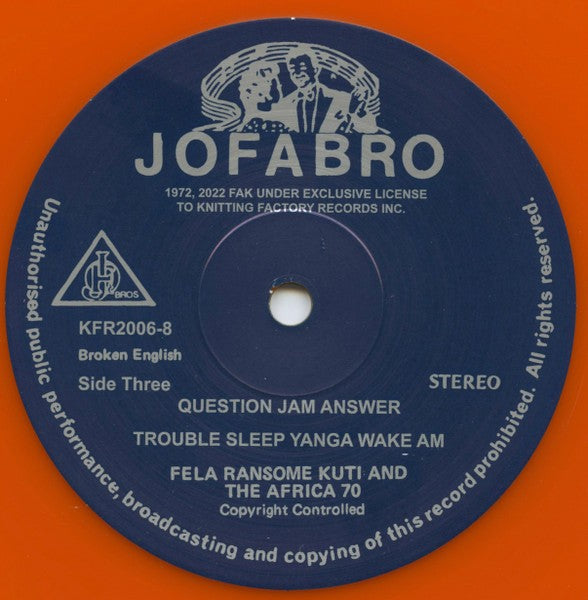 Jofabro vinyl record label for Fela Ransome Kuti and The Africa 70, orange background