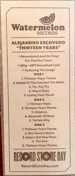 Alejandro Escovedo Thirteen Years vinyl tracklist insert from Watermelon Records, Record Store Day edition.