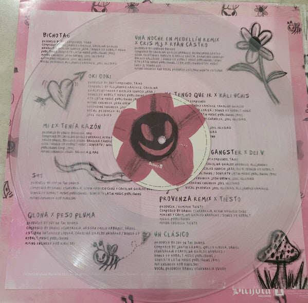 Clear vinyl record with pink flower center and hand-drawn doodles, song list visible.