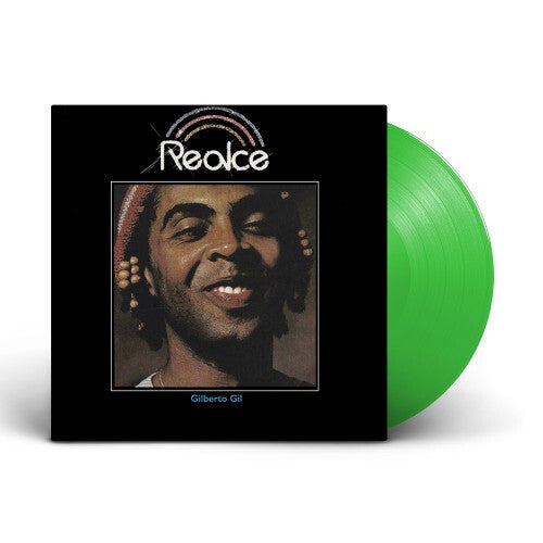 Green vinyl record featuring Gilberto Gil's 'Realce' album cover with his portrait on black background.