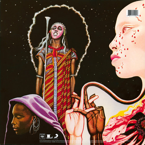 Surreal vinyl record cover art with diverse African figures, cosmic background, and vibrant patterns