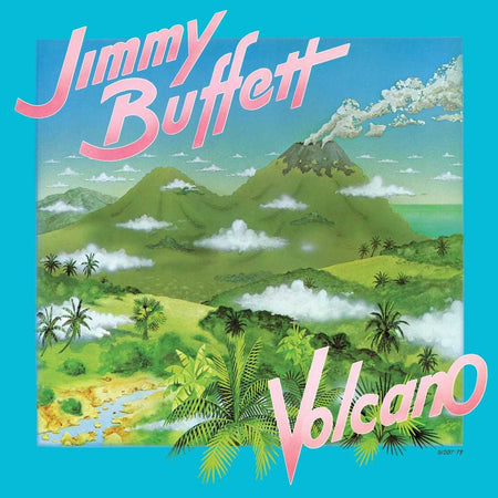 Jimmy Buffett Volcano vinyl album cover with tropical volcano landscape illustration