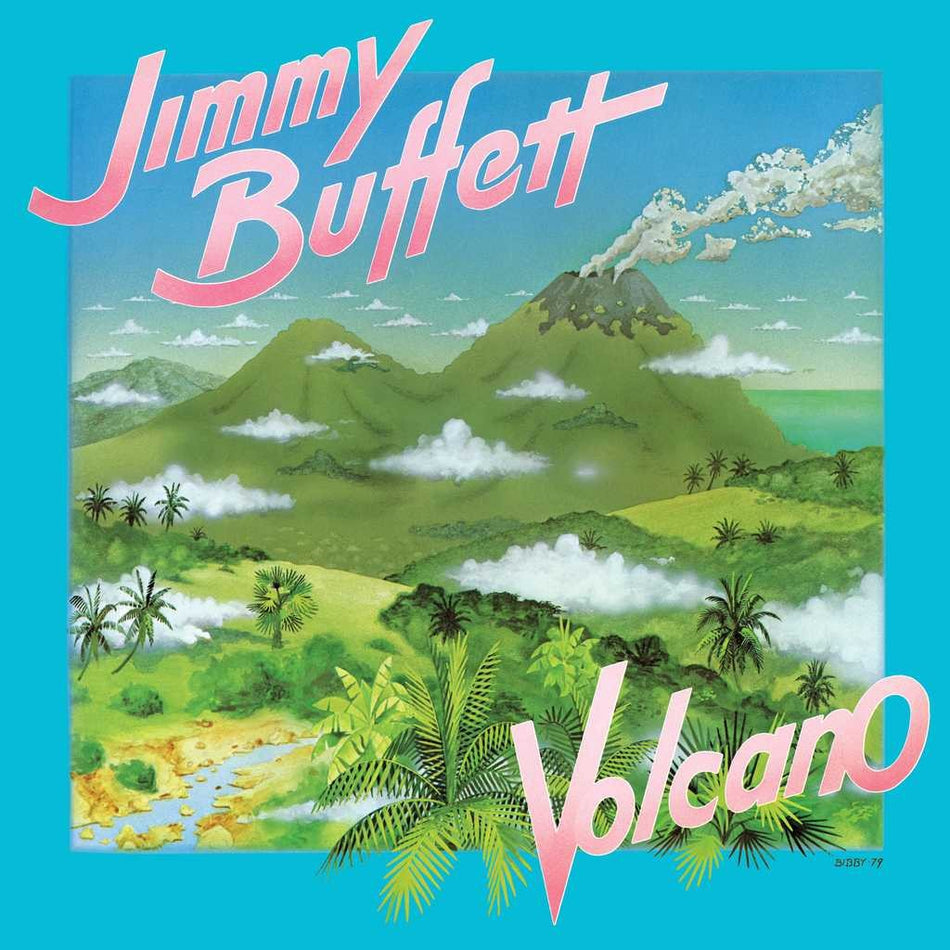 Jimmy Buffett Volcano vinyl album cover with tropical volcano landscape illustration