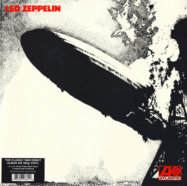 Led Zeppelin debut album vinyl cover with iconic burning airship artwork in black and white.