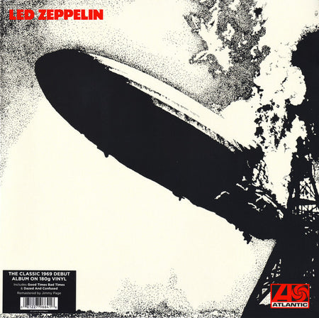 Led Zeppelin debut album vinyl cover with iconic burning airship artwork in black and white.