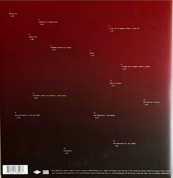Vinyl record back cover with tracklist on a dark red gradient background, music album design.
