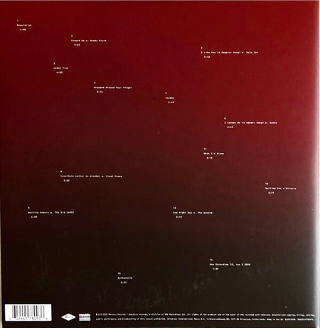 Vinyl record back cover with tracklist on a dark red gradient background, music album design.