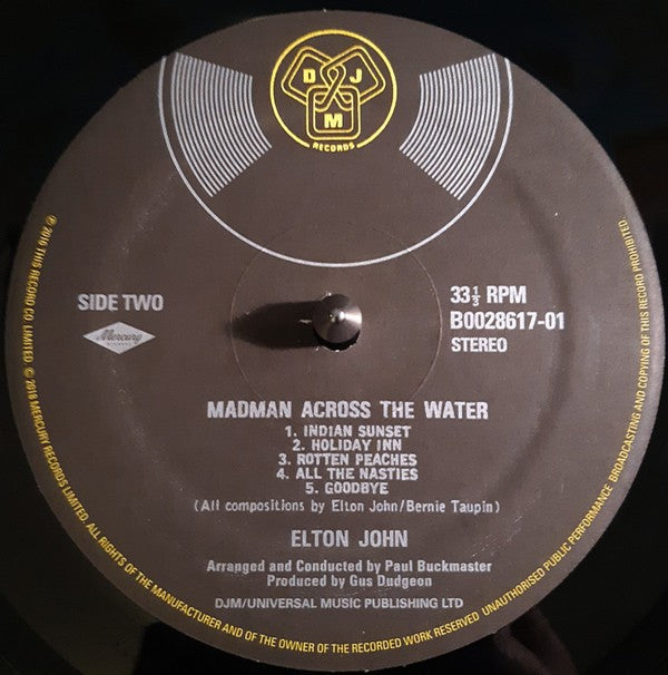 Elton John Madman Across the Water vinyl record label, DJM Records, side two tracklist visible