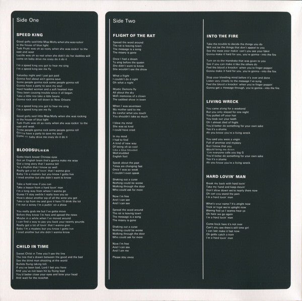 Vinyl record inner sleeve with printed song lyrics in white text on a dark background.
