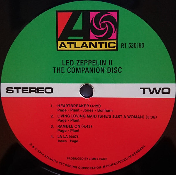 Led Zeppelin II vinyl record label, Atlantic Records, companion disc tracklist visible