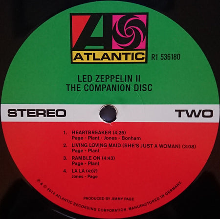 Led Zeppelin II vinyl record label, Atlantic Records, companion disc tracklist visible