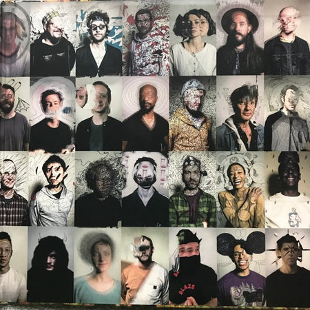 Grid of diverse portraits with artistic visual distortions, creative vinyl album cover art