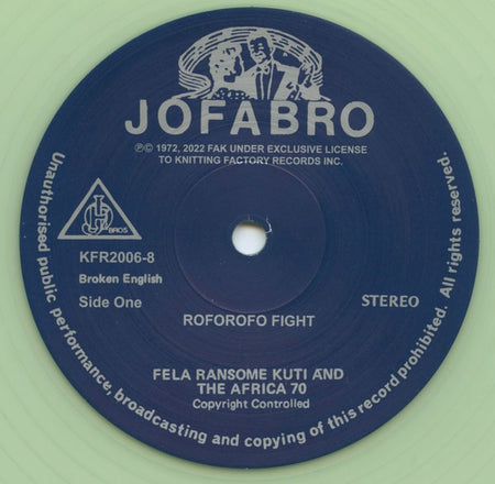 Jofabro vinyl record label featuring Fela Ransome Kuti and The Africa 70, Roforofo Fight side.