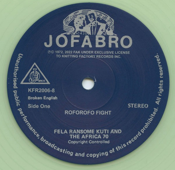 Jofabro vinyl record label featuring Fela Ransome Kuti and The Africa 70, Roforofo Fight side.