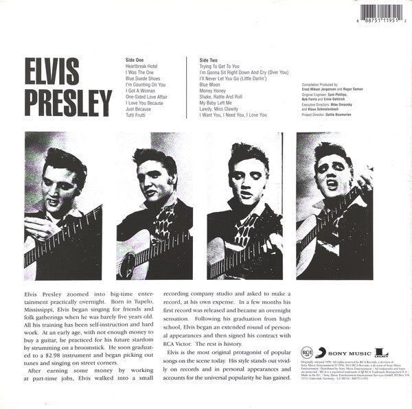 Elvis Presley vinyl record back cover with song list, black and white photos, and artist bio