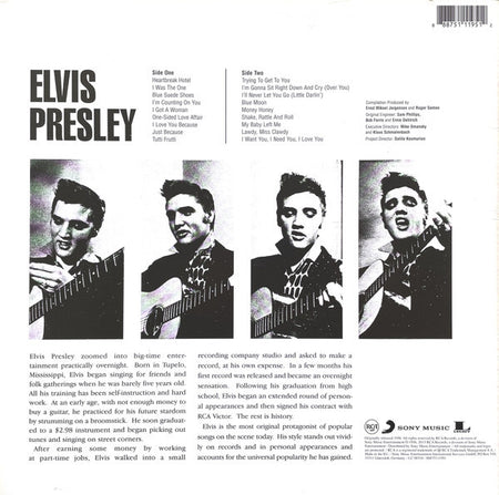 Elvis Presley vinyl record back cover with song list, black and white photos, and artist bio