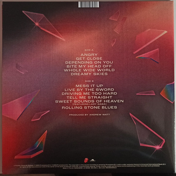 Vinyl record album back cover with tracklist on a dark gradient background and colorful geometric shards.