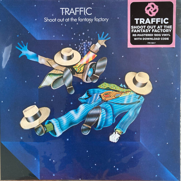 Traffic Shoot Out at the Fantasy Factory vinyl album cover with two colorful figures in hats floating in space