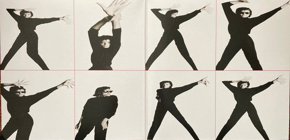 Collage of a person in black outfit and sunglasses posing dynamically with outstretched arms.