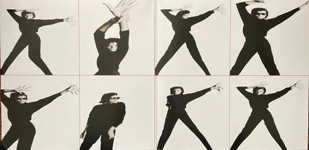 Collage of a person in black outfit and sunglasses posing dynamically with outstretched arms.