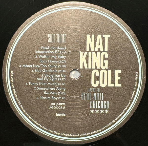 Nat King Cole Live at the Blue Note Chicago vinyl record label with tracklist, jazz music