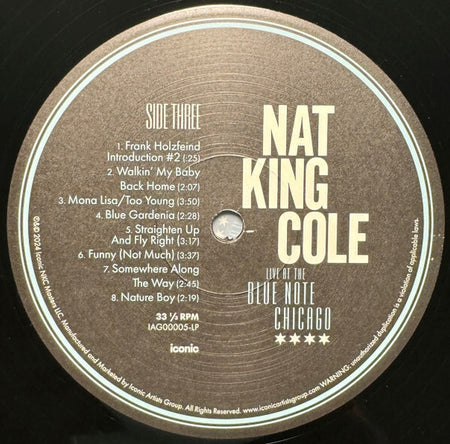 Nat King Cole Live at the Blue Note Chicago vinyl record label with tracklist, jazz music