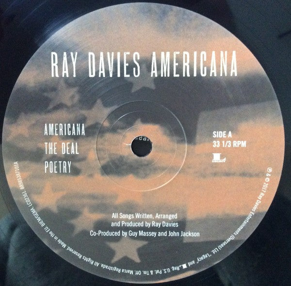 Ray Davies Americana vinyl record label with tracklist for Side A on a cloudy sky background.