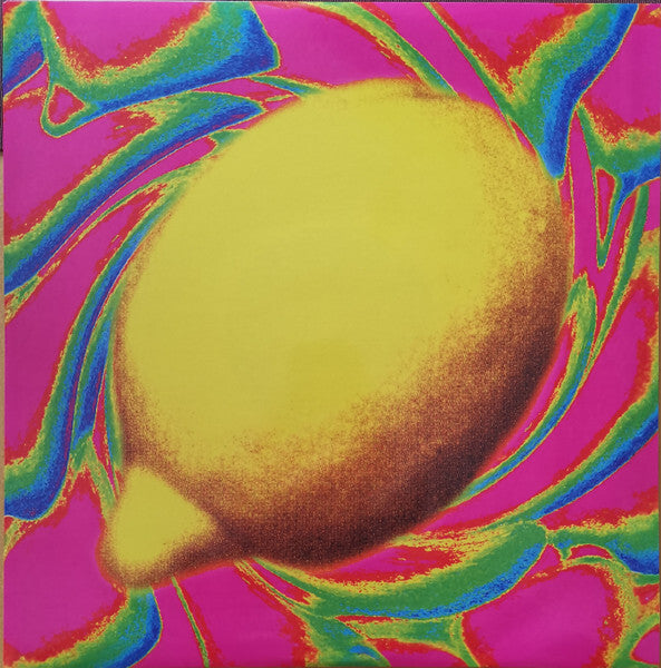 Psychedelic pop art style yellow lemon with vibrant pink, blue, and green abstract background.