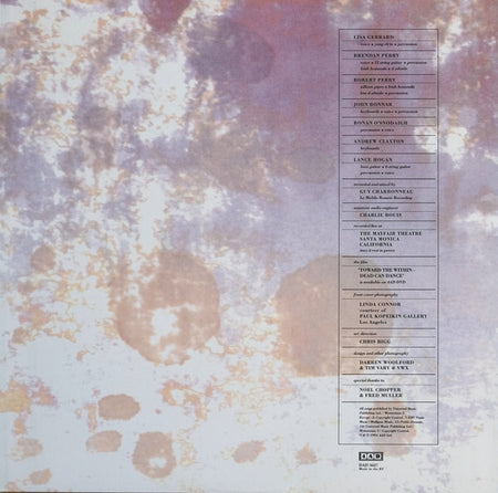 Vinyl record album back cover with abstract pastel artwork and liner notes in a vertical box.