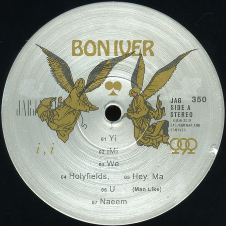 Bon Iver i,i vinyl record label with gold angels, tracklist, and JAG 350 marking