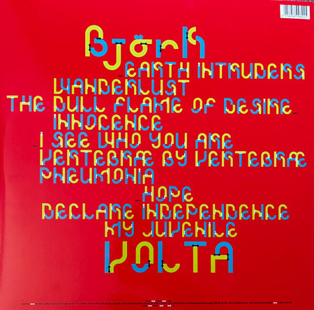 Bjork Volta vinyl record back cover with song tracklist in colorful text on red background