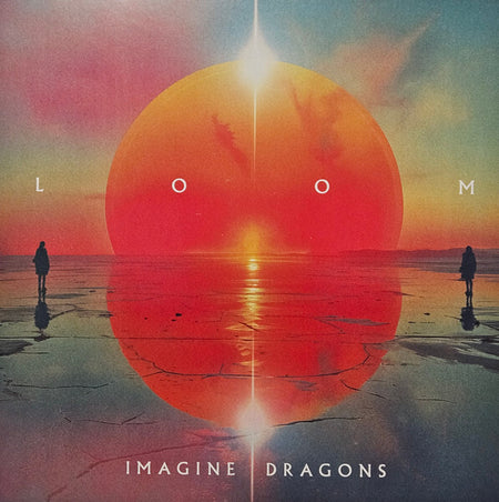 Loom album cover with two silhouettes, large sunset, cracked reflective ground, Imagine Dragons